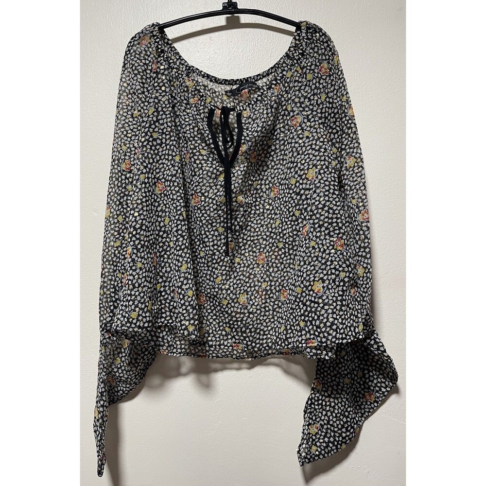 Patterson J. Kincaid sheer top long sleeve Small Flower Leaf Black Gold EUC